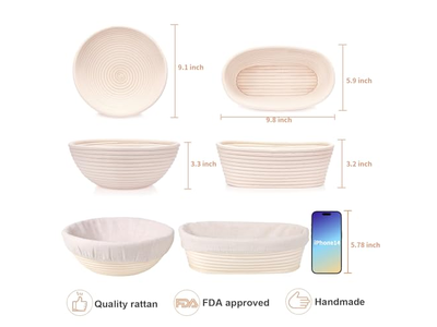 Kit de Panificação de Pão Oval de 1Kg e 9 Polegadas Banneton Personalizado de Tamanho Grande Retangular de Rattan